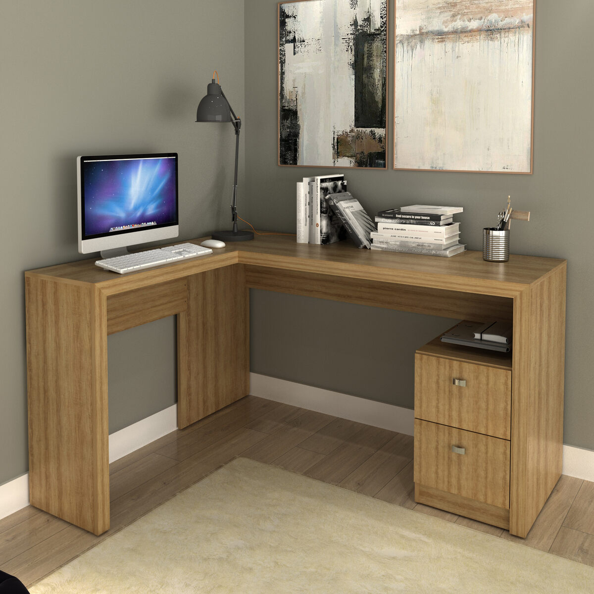 Escrivaninha/Mesa Escritório de Canto com 2 gavetas Multimóveis CR25032 Amendoa - 1