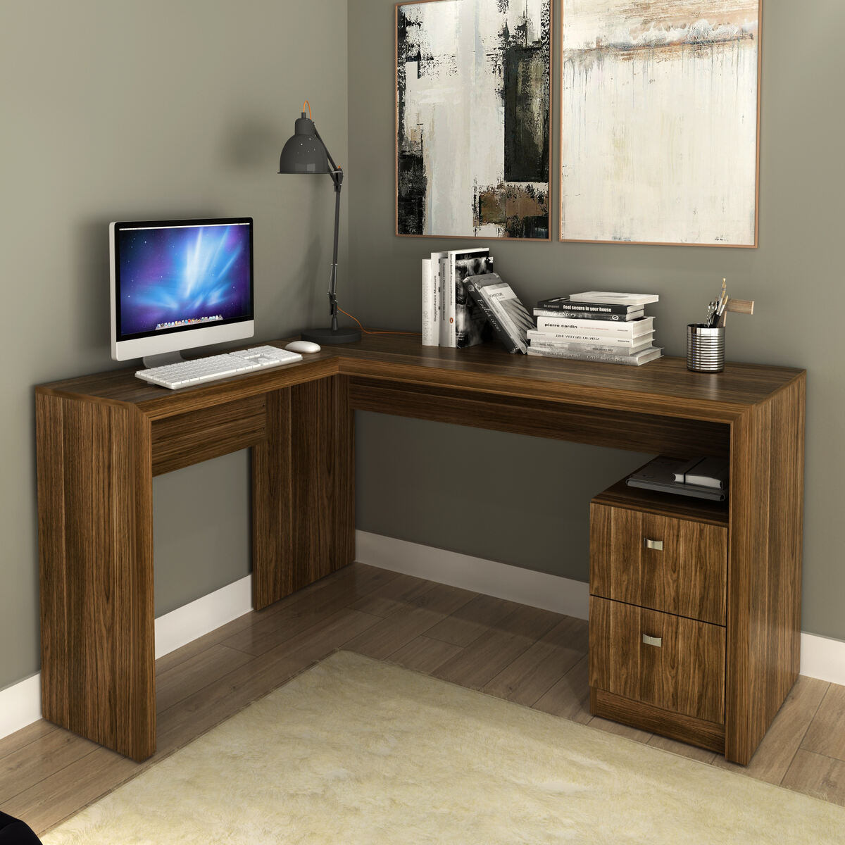 Ver imagem 1 de Escrivaninha/Mesa Escritório de Canto com 2 gavetas Multimóveis CR25032 Nogal